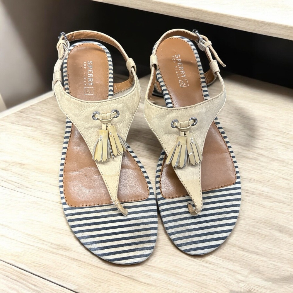 Sperry Top Sider Everton Leather Thong Flat Buckle Strap Ivory Sandals Size 8.5